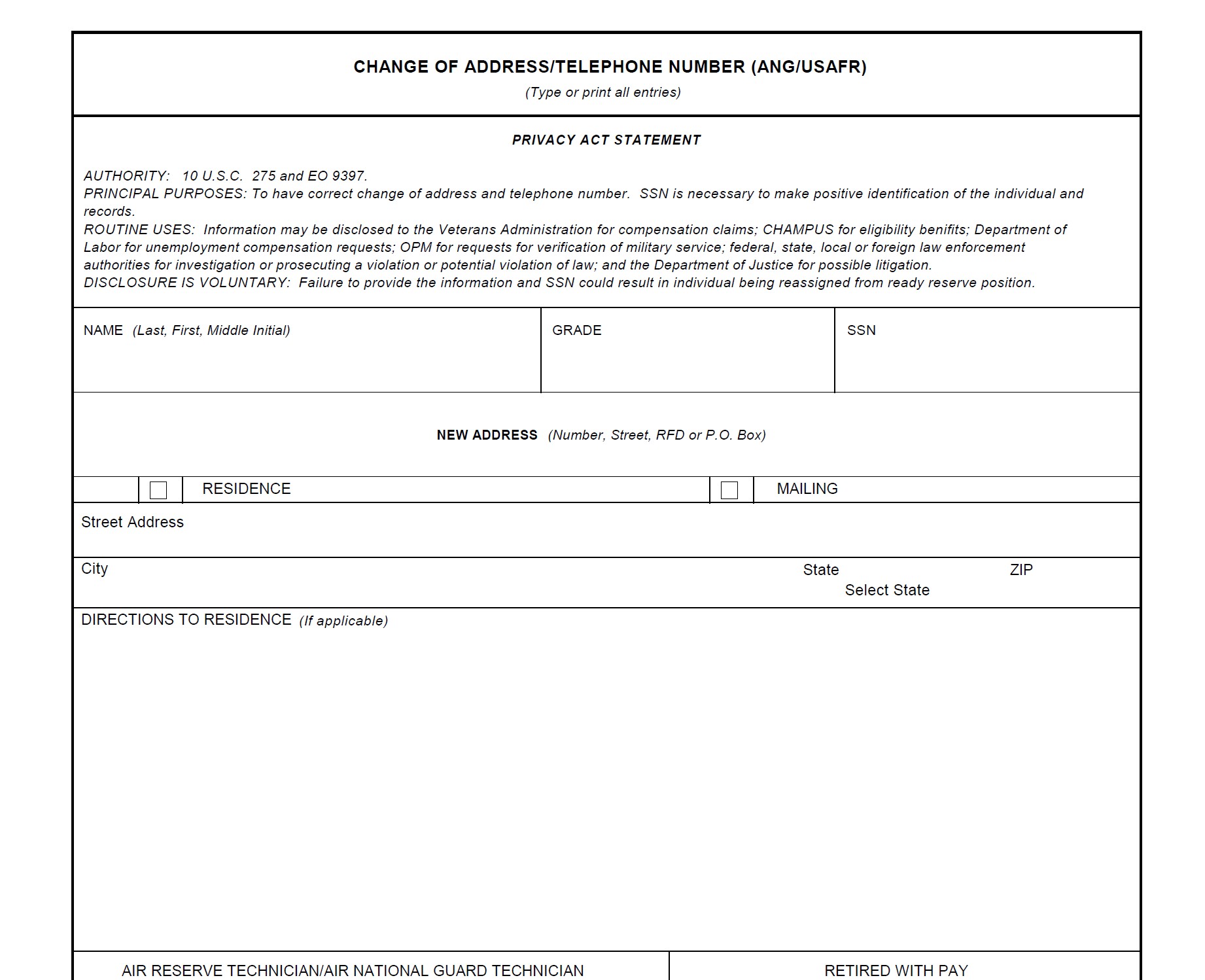 AF Form 512 - Change of Address/Telephone Number (ANG/USAFR) PDF